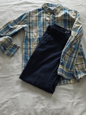 Old Navy Boys Blue & Yellow Plaid Shirt,  Navy Pants, French Toast White Shirt